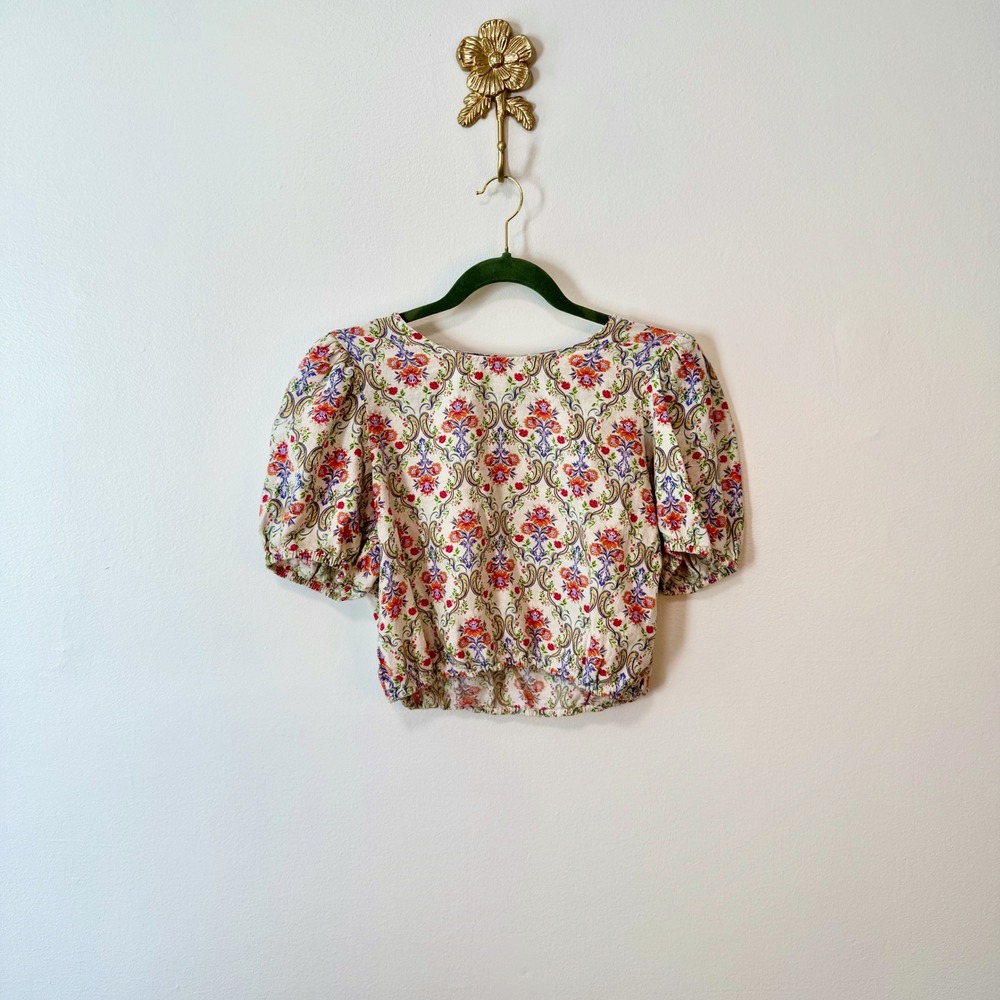 Cynthia Rowley Floral Paisley Puff Sleeve Crop Top M Boho Cottagecore Festival